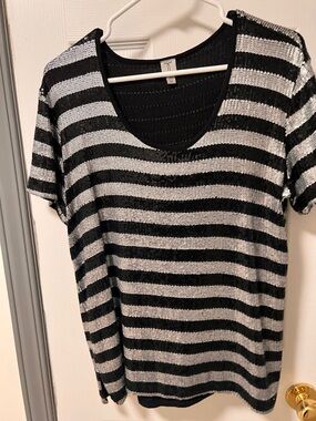 Tristan Black & Silver Striped Sequin Tee